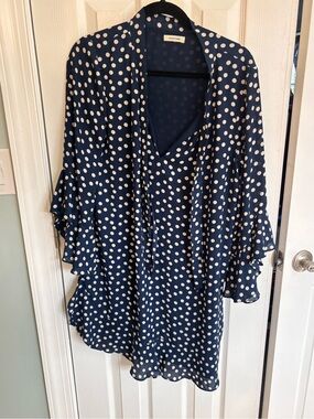Max Studio Navy and White Polka Dot V-Neck Ruffle Sleeve Tunic